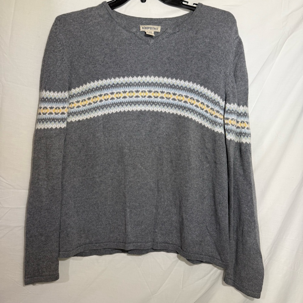 Y2K Aeropostale Charcoal White Yellow Blue Fair Isle Sweater Size XL